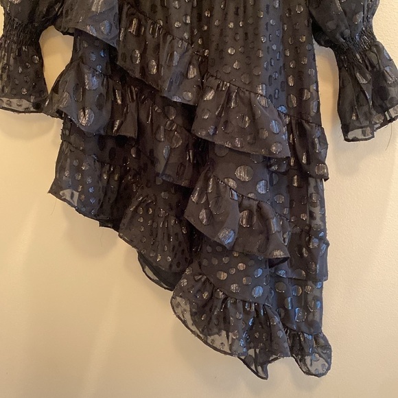 DO+BE x Revolve Sheer Asymmetrical Polka Smock Ruffle Tiered Black Dress SMALL - Picture 6 of 11
